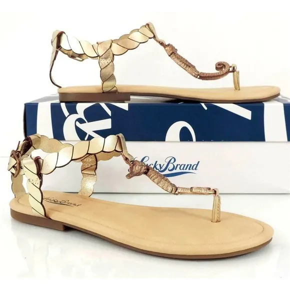 Lucky Brand Chorse T-Strap Flat Thong Sandals Platinum Gold Size 6.5