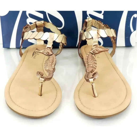 Lucky Brand Chorse T-Strap Flat Thong Sandals Platinum Gold Size 6.5
