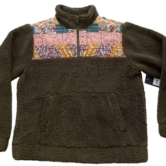 LUCKY BRAND Women’s Long Sleeve Half Zip Quilted Sherpa Pullover in Olive Size S