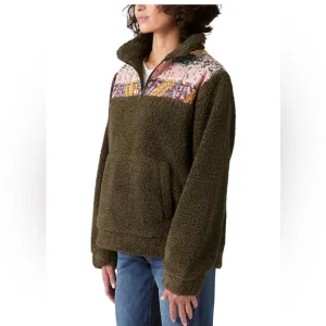 LUCKY BRAND Women’s Long Sleeve Half Zip Quilted Sherpa Pullover in Olive Size S
