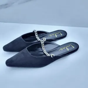 LULU'S Lavareta Black Suede Chain Pointed-Toe Loafer Slides 8.5