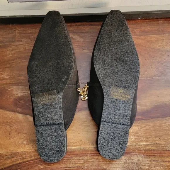 LULU'S Lavareta Black Suede Chain Pointed-Toe Loafer Slides 8.5
