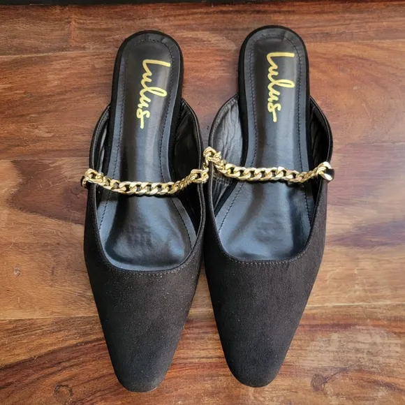 LULU'S Lavareta Black Suede Chain Pointed-Toe Loafer Slides 8.5