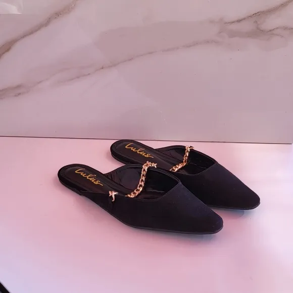 LULU'S Lavareta Black Suede Chain Pointed-Toe Loafer Slides 8.5