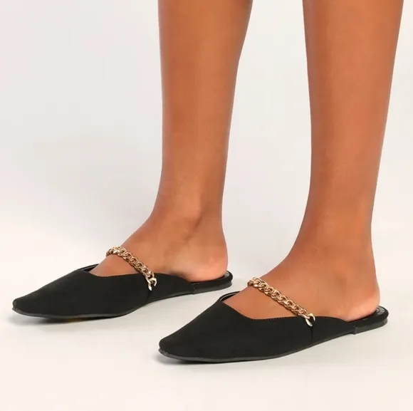 LULU'S Lavareta Black Suede Chain Pointed-Toe Loafer Slides 8.5