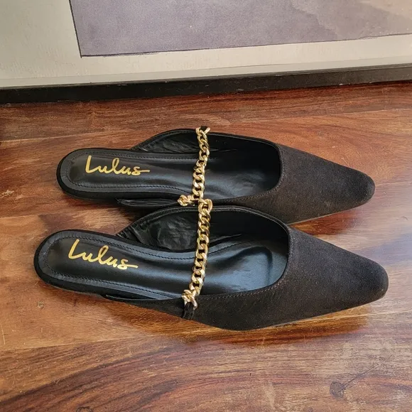 LULU'S Lavareta Black Suede Chain Pointed-Toe Loafer Slides 8.5