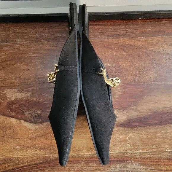 LULU'S Lavareta Black Suede Chain Pointed-Toe Loafer Slides 8.5