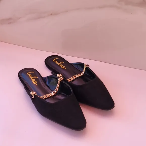 LULU'S Lavareta Black Suede Chain Pointed-Toe Loafer Slides 8.5