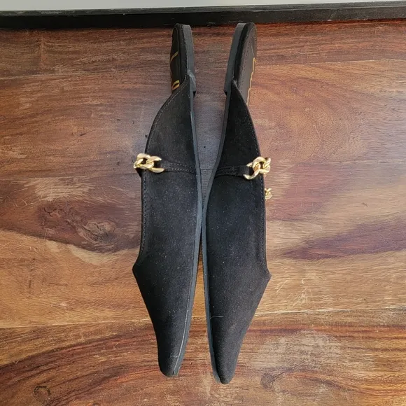 LULU'S Lavareta Black Suede Chain Pointed-Toe Loafer Slides 8.5