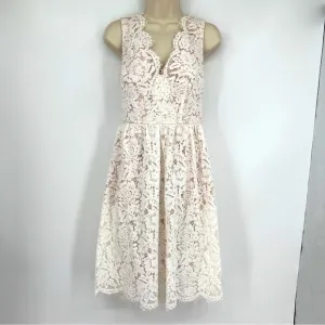 LULUS Love Swept White Lace Midi Scalloped Darted A-line Mesh Skater Dress