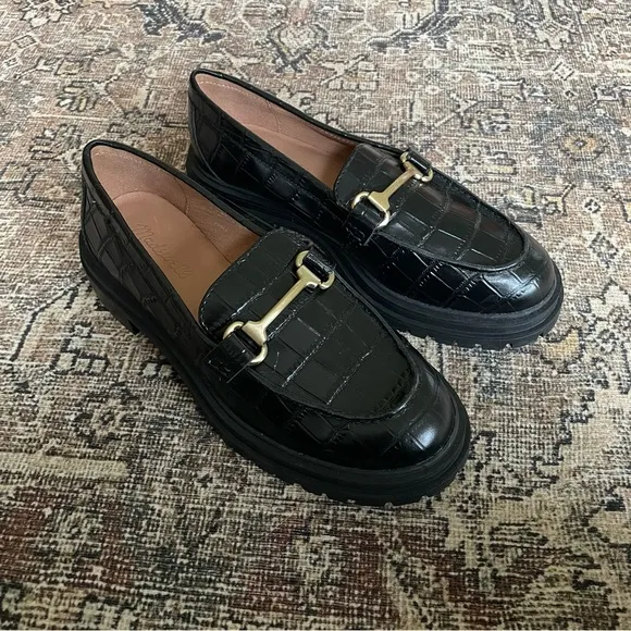 Madewell Bradley Hardware Lugsole Loafer in Black Croc Embossed Leather - 6.5
