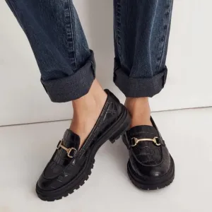 Madewell Bradley Hardware Lugsole Loafer in Black Croc Embossed Leather - 6.5