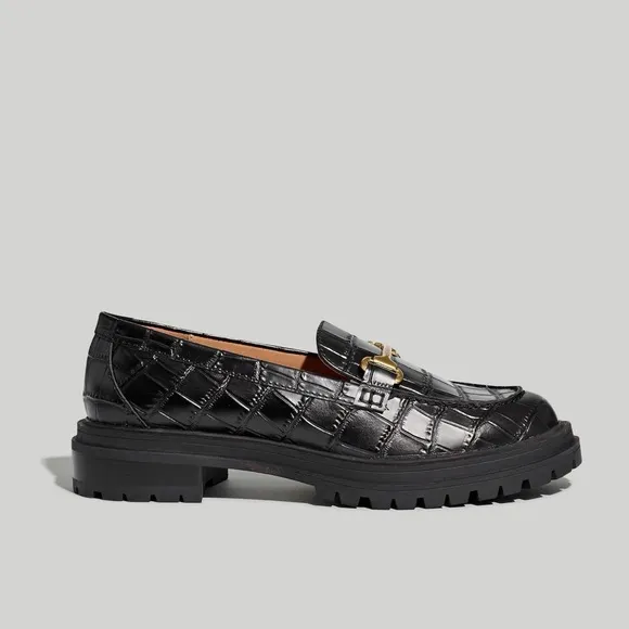 Madewell Bradley Hardware Lugsole Loafer in Black Croc Embossed Leather - 6.5