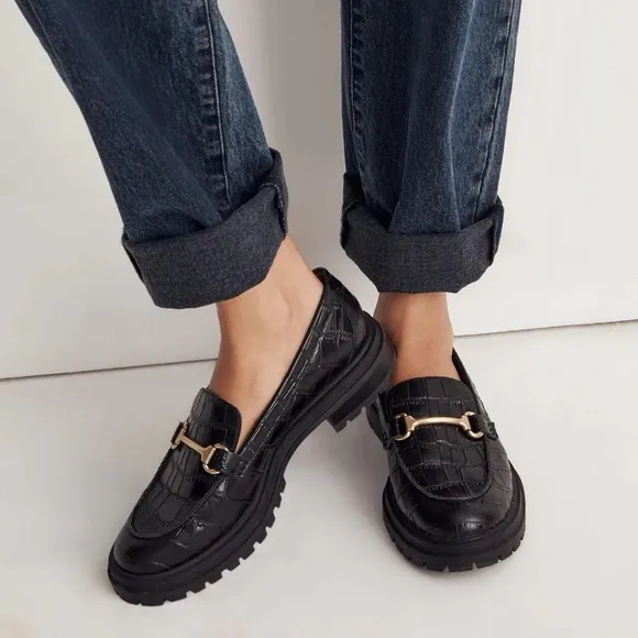 Madewell Bradley Hardware Lugsole Loafer in Black Croc Embossed Leather - 6.5