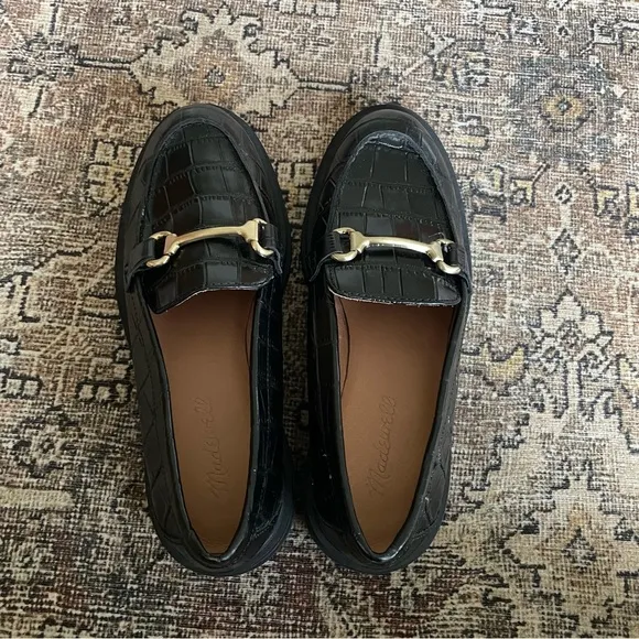 Madewell Bradley Hardware Lugsole Loafer in Black Croc Embossed Leather - 6.5