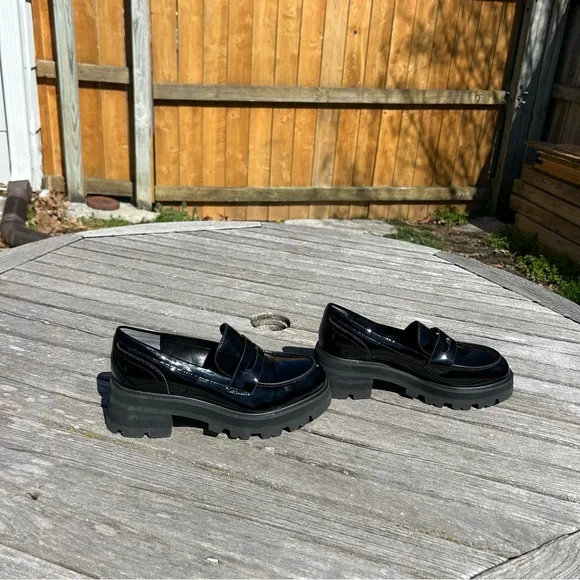 Marc Fisher Latika Platform Lug Sole Loafers Black Leather Size 7.5