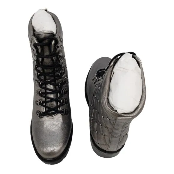 Marc Fisher Silver Metallic Lug Sole Quilted Studded Lace Up Combat Boots Womens