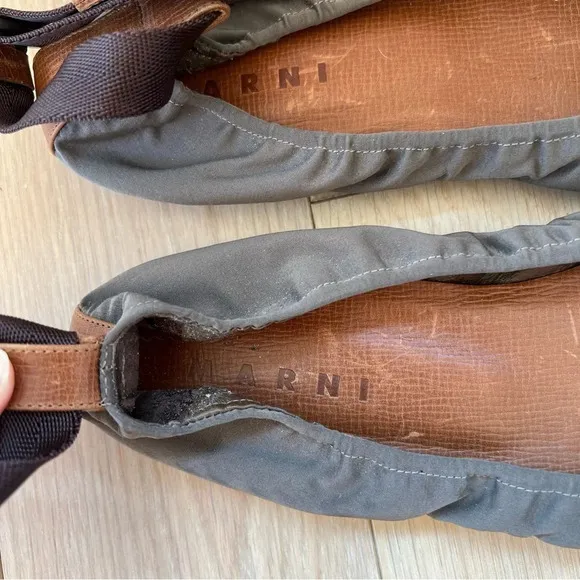 Marni Satin Leather Ankle Strap Flats Dark Grey 39.5 Balletcore Minimalist Chic