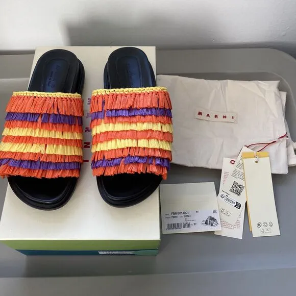 Marni Slides Orange &amp; Yellow Crocheted Raffia Slides Fussbett Shoe Sz IT 37/US 7