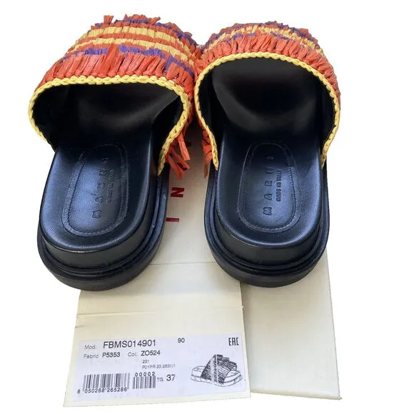 Marni Slides Orange &amp; Yellow Crocheted Raffia Slides Fussbett Shoe Sz IT 37/US 7