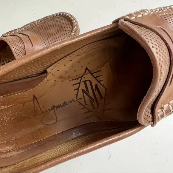 MARTIN DINGMAN- Perforated Brown Leather Moc Toe Penny Loafers
