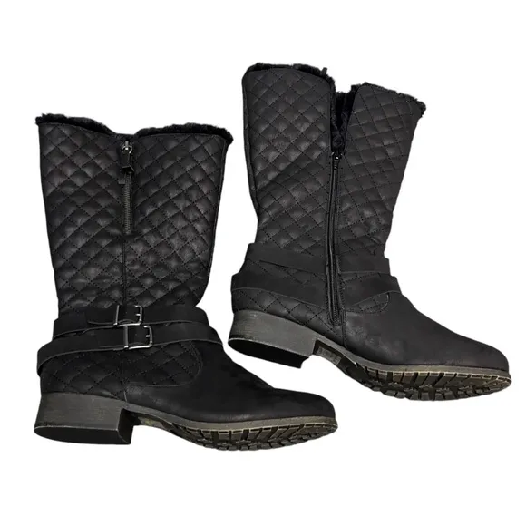 Maurice’s Deena Black Quilted Tall Cozy Lined Winter Buckle Boots