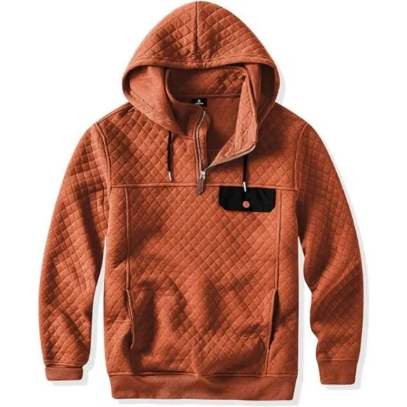 Men's Quilted Hoodies Casual Long Sleeve Quarter-Zip Pullover Sweatshirt
