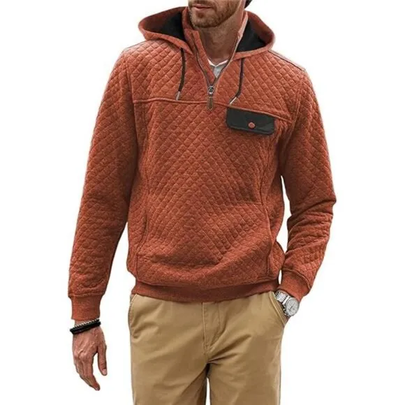 Men's Quilted Hoodies Casual Long Sleeve Quarter-Zip Pullover Sweatshirt