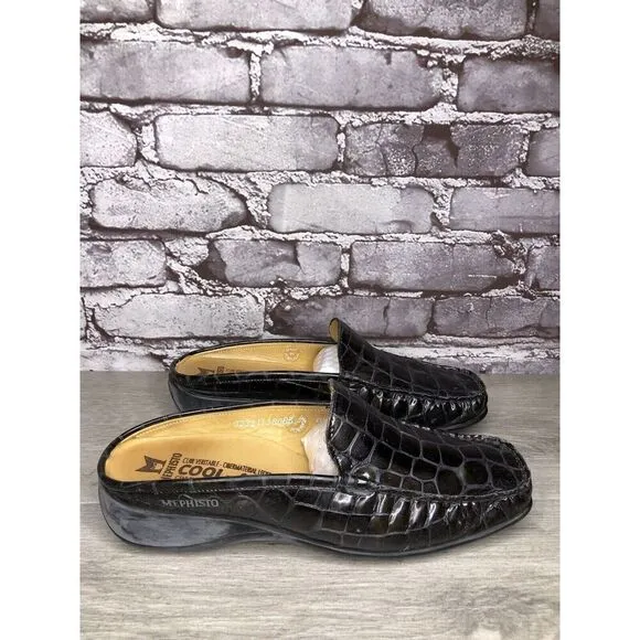 Mephisto Black Patent Leather Crocometal Croc Print Mules Shoes Women 8M US/39EU