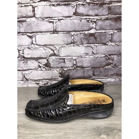Mephisto Black Patent Leather Crocometal Croc Print Mules Shoes Women 8M US/39EU