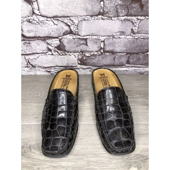 Mephisto Black Patent Leather Crocometal Croc Print Mules Shoes Women 8M US/39EU