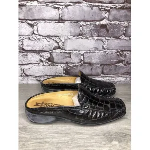 Mephisto Black Patent Leather Crocometal Croc Print Mules Shoes Women 8M US/39EU