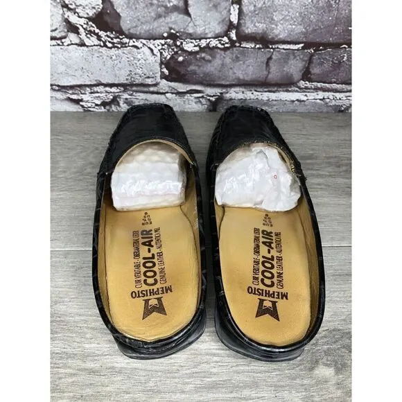 Mephisto Black Patent Leather Crocometal Croc Print Mules Shoes Women 8M US/39EU