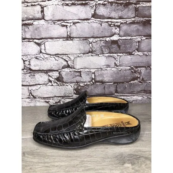 Mephisto Black Patent Leather Crocometal Croc Print Mules Shoes Women 8M US/39EU