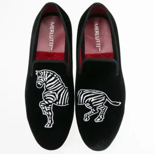 Merlutti Black and White Zebra Embroidered Loafers