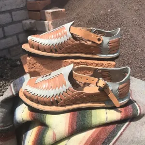 Mexican Huaraches Shoes Handmade Leather Tan Blue Loafers Boho Hippie Native