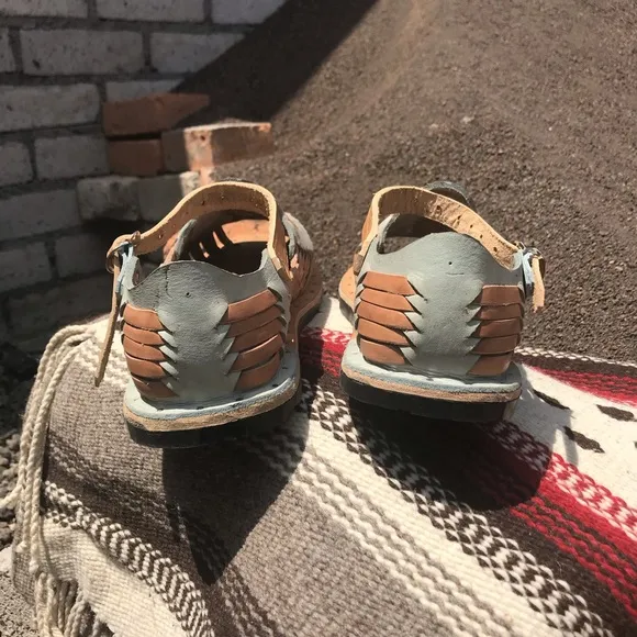 Mexican Huaraches Shoes Handmade Leather Tan Blue Loafers Boho Hippie Native