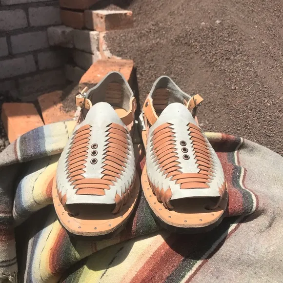 Mexican Huaraches Shoes Handmade Leather Tan Blue Loafers Boho Hippie Native