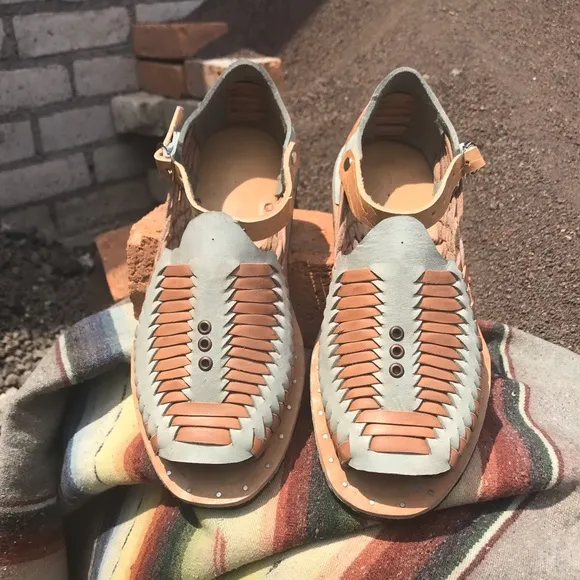 Mexican Huaraches Shoes Handmade Leather Tan Blue Loafers Boho Hippie Native