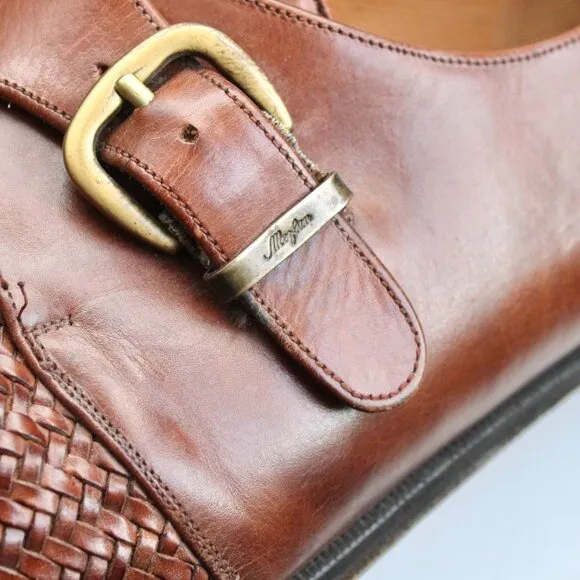 Mezlan Monterey Cognac Brown Woven Leather Cap-Toe Loafer Shoe Size 10.5 M
