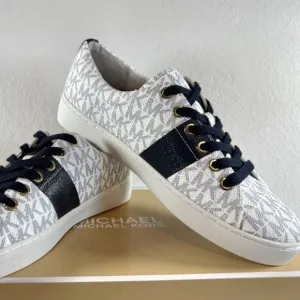 Michael Kors Keaton Lace Up Signature Fashion Sneakers, White/Navy monogram