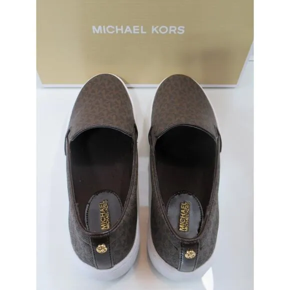 Michael Kors Keaton Slip On Sneakers MK Signature Brown Size 7.5 Floor Model