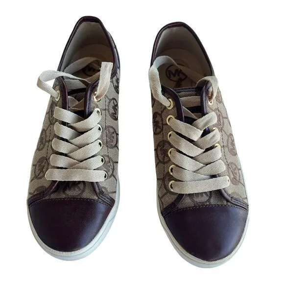 Michael Kors‎ Monogram Canvas Sneakers Brown Leather Trim Casual Shoes 6.5