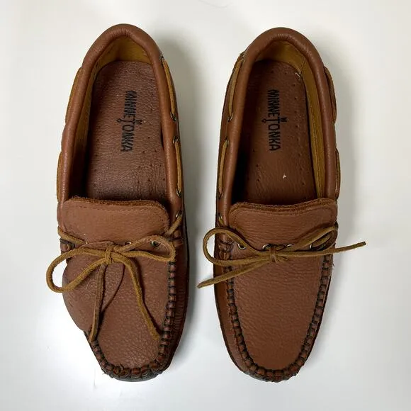 MINNETONKA Mens Genuine Moosehide Weekender Moccasin Loafers Caramel Size 8 EUC