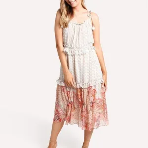 Misa Ruffled Midi Dress Cream and Pink Floral Size Large Dionica #girlcore