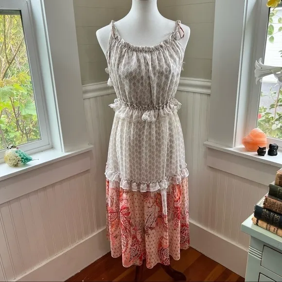 Misa Ruffled Midi Dress Cream and Pink Floral Size Large Dionica #girlcore