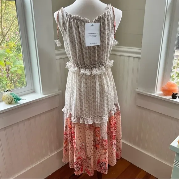 Misa Ruffled Midi Dress Cream and Pink Floral Size Large Dionica #girlcore