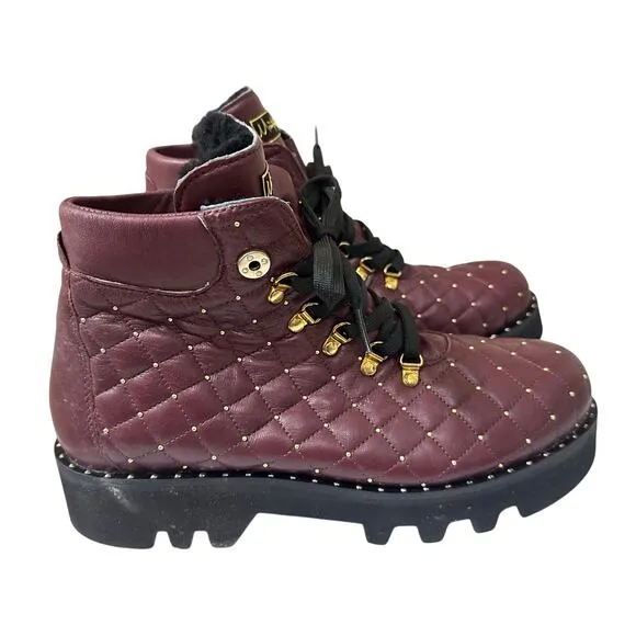 Montelliana 1965 Maroon Leather Lace Up Gold Stud Quilted Ankle Boot US 11 EU 41