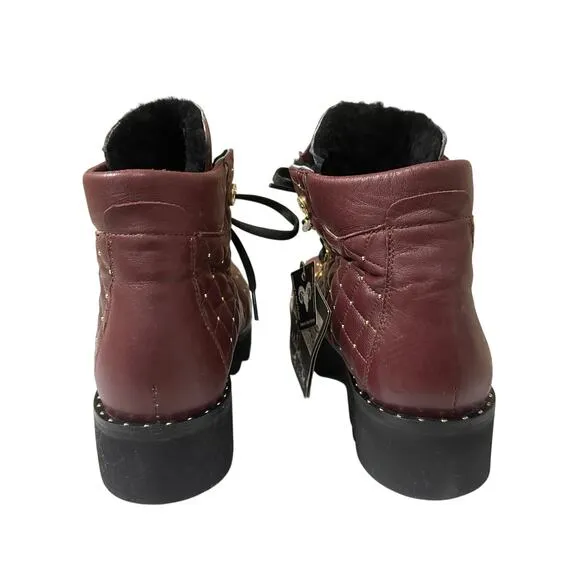 Montelliana 1965 Maroon Leather Lace Up Gold Stud Quilted Ankle Boot US 11 EU 41