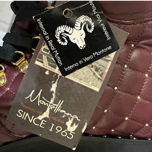 Montelliana 1965 Maroon Leather Lace Up Gold Stud Quilted Ankle Boot US 11 EU 41
